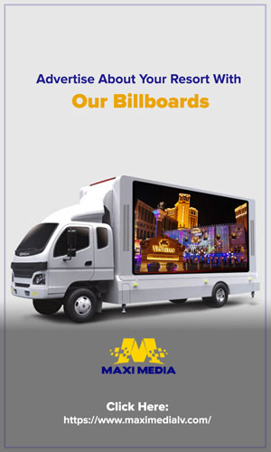 A Fashionalble Seaside Resort For Your Carefree Vacation Plan Is Present On The Las Vegas Strip On Neon-Lighted Mobile Billboard.